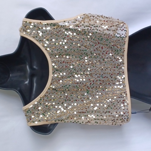 Zaful Gold Sequin crop top, Sheer, Mesh, Sz 8, 21" PTP, 14" L - Picture 3 of 6